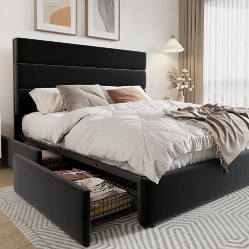 White Full Size Platform Bed Frame with 4 Storage Drawers and Velvet Upholstered Headboard D654943