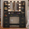 Black Vanity Desk with Mirror and Lights, Glass Top, Charging Station, 8 Drawers P6924