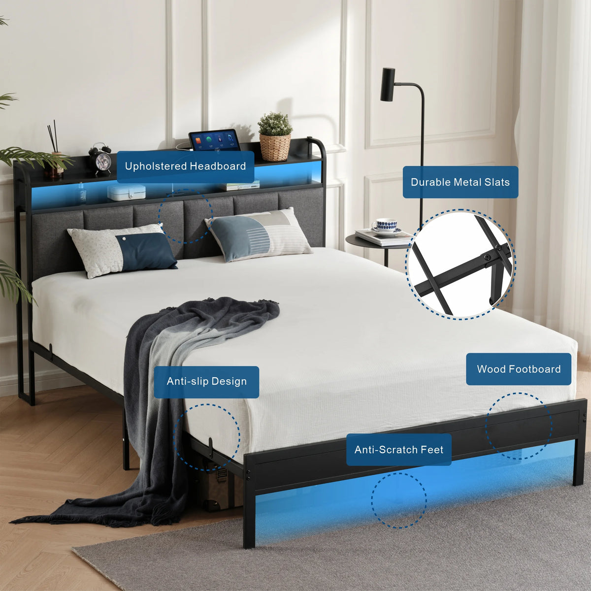 King Size Metal and Wood Platform Bed with LED Headboard A54910