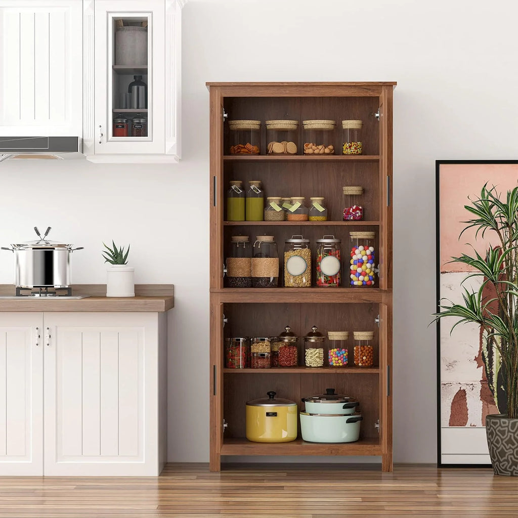 64" 4-Door Oak Kitchen Pantry Cabinet with 3 Adjustable Shelves L78934