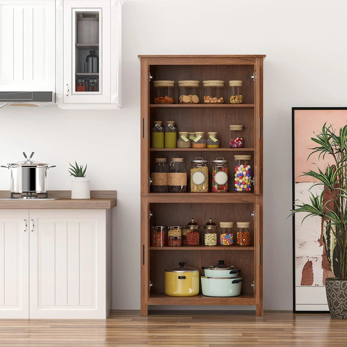 64" 4-Door Oak Kitchen Pantry Cabinet with 3 Adjustable Shelves L78934