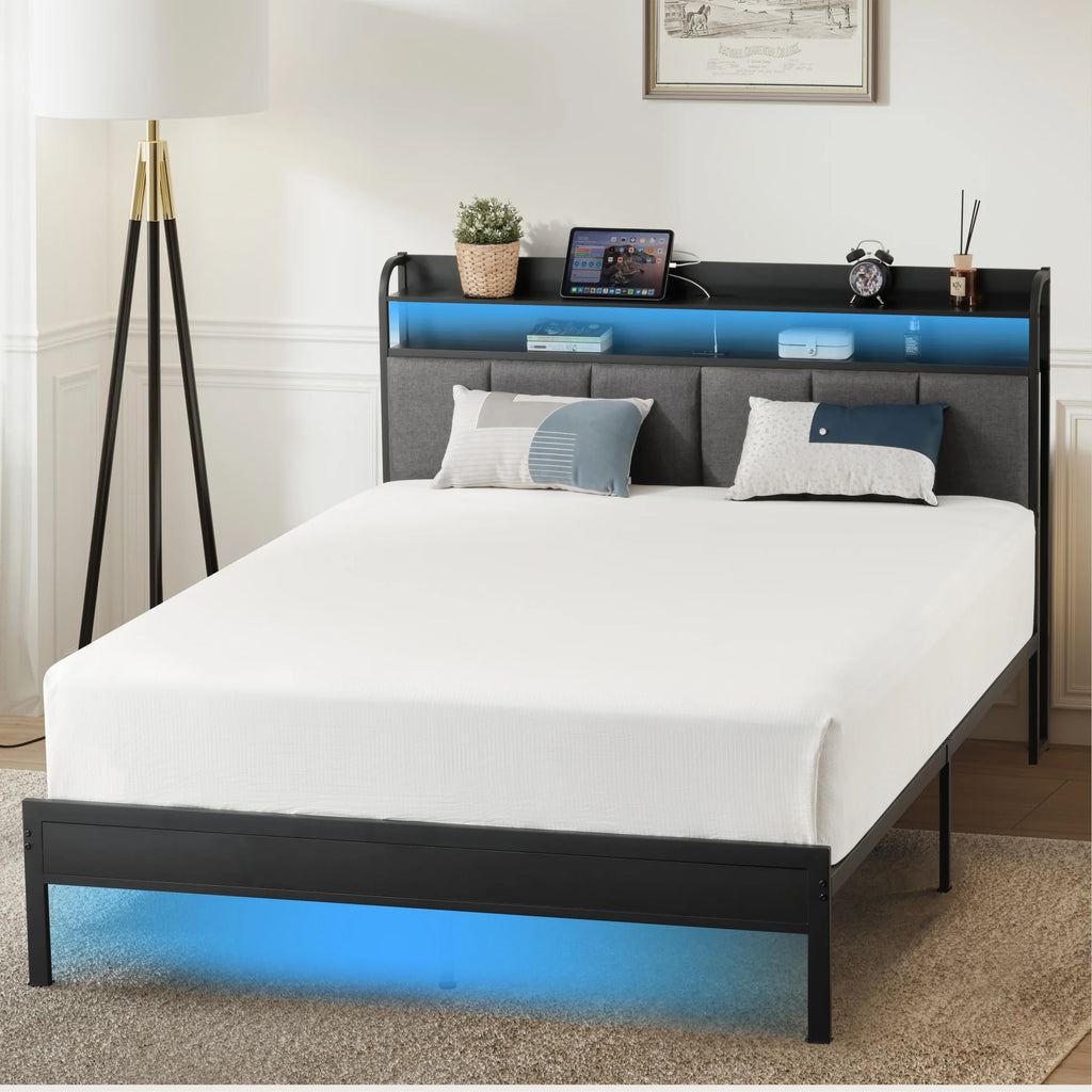 King Size Metal and Wood Platform Bed with LED Headboard A54910