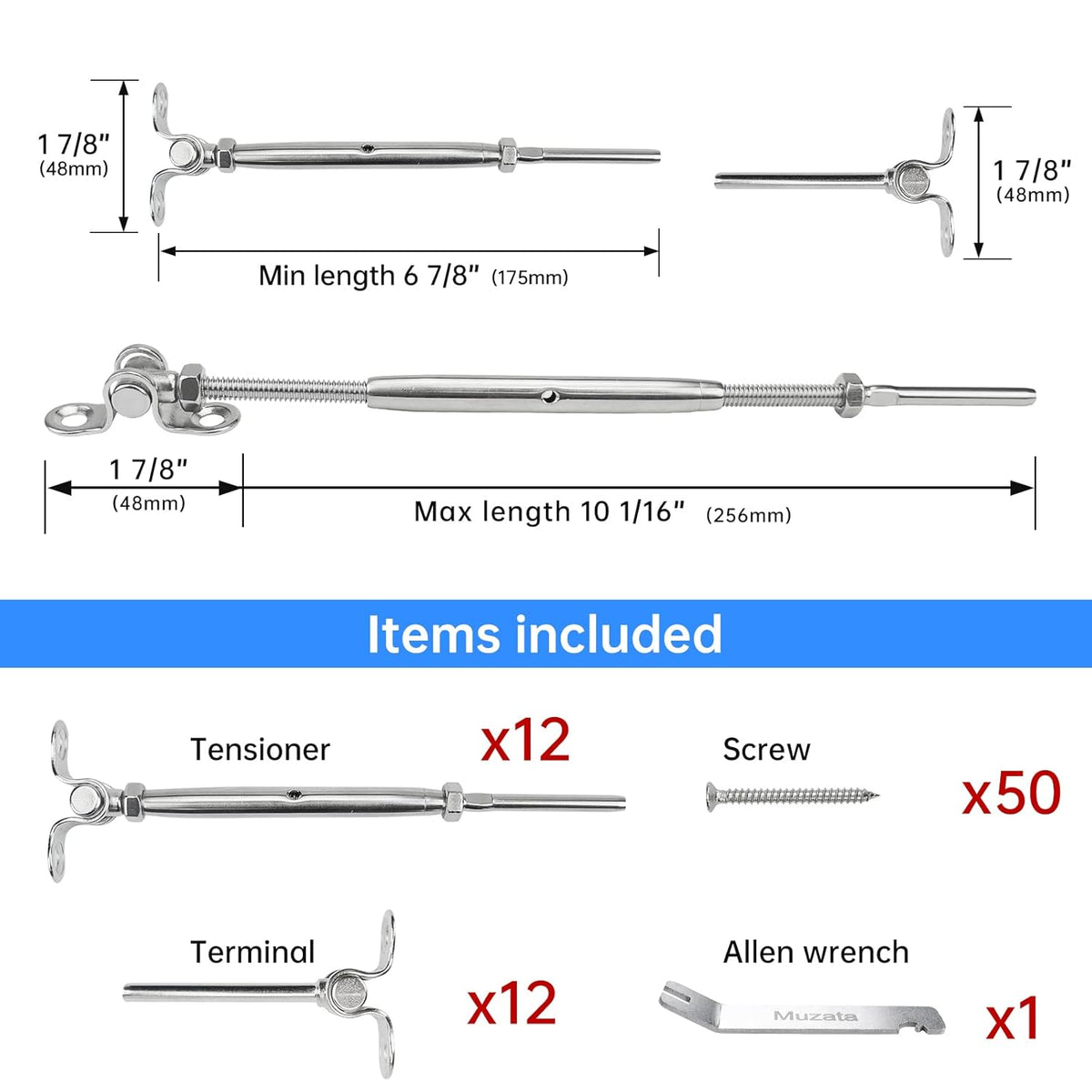 12 Set Cable Railing Kit 1/8 T316 Stainless Steel Turnbuckle Hardware F7865