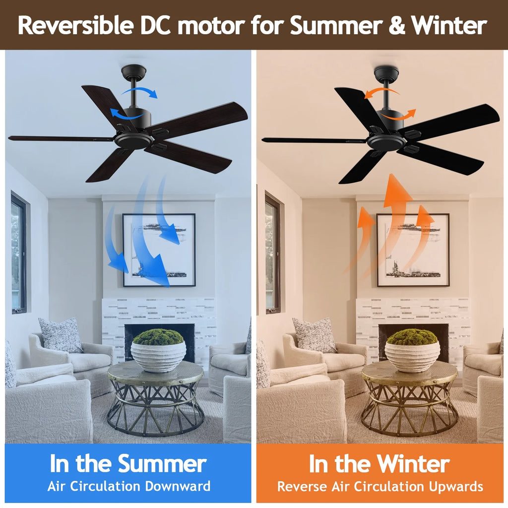 52" Ceiling Fan with Remote Control No Light, 6 Speeds Reversible DC Motor 5 Blades Black/Walnut C56969