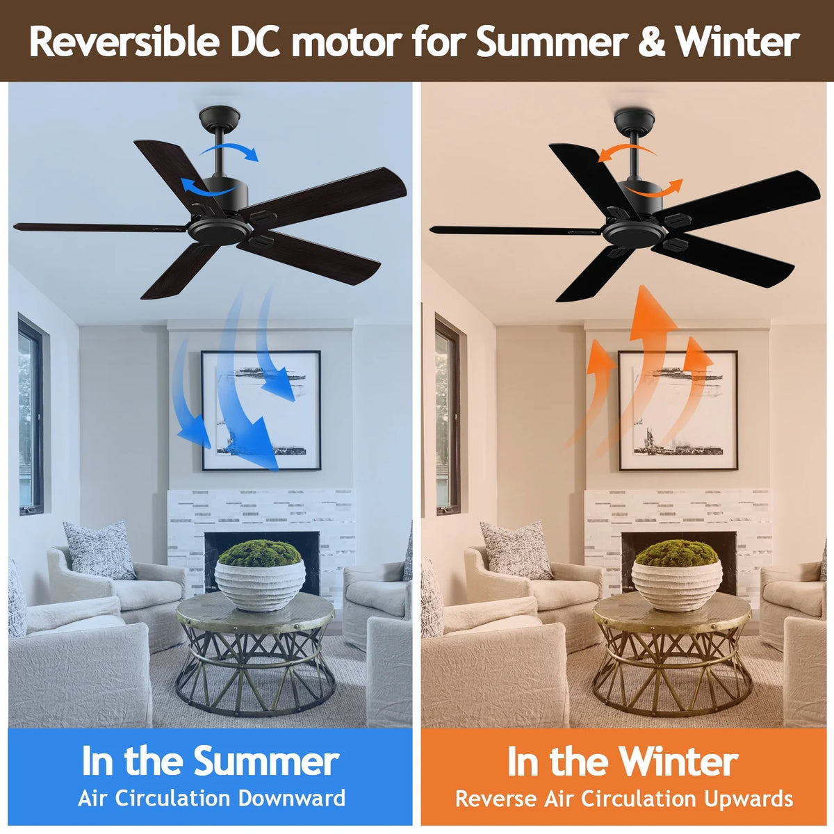 52" Ceiling Fan with Remote Control No Light, 6 Speeds Reversible DC Motor 5 Blades Black/Walnut C56969