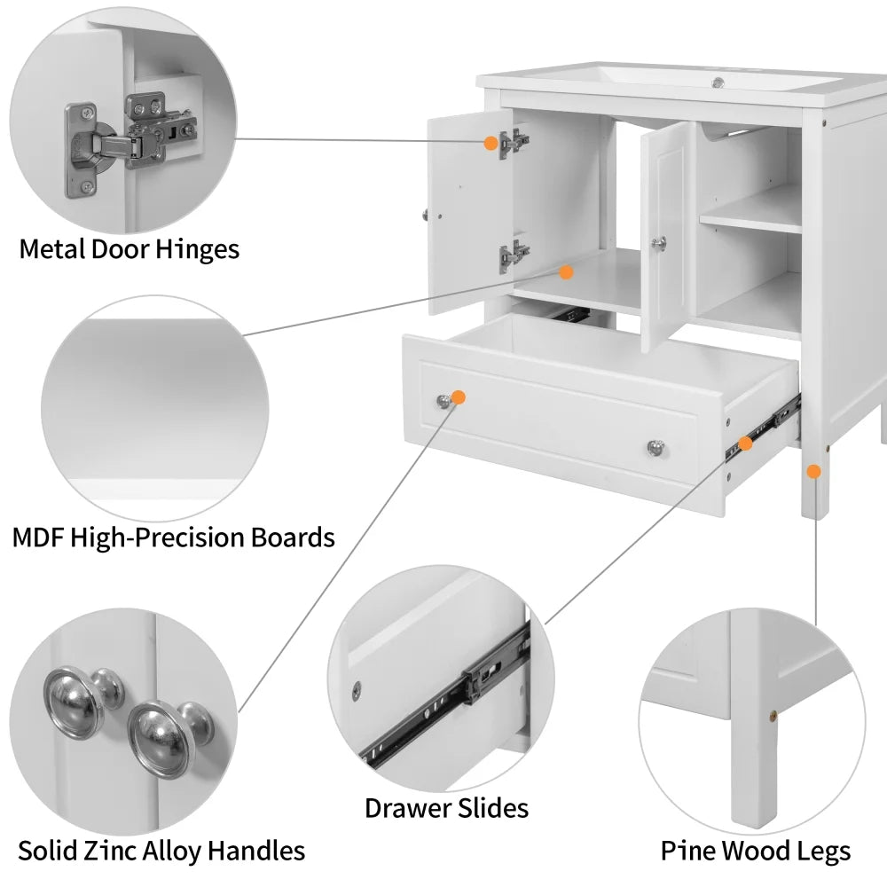 30" White Bathroom Vanity with Ceramic Sink and Storage Cabinet P450732