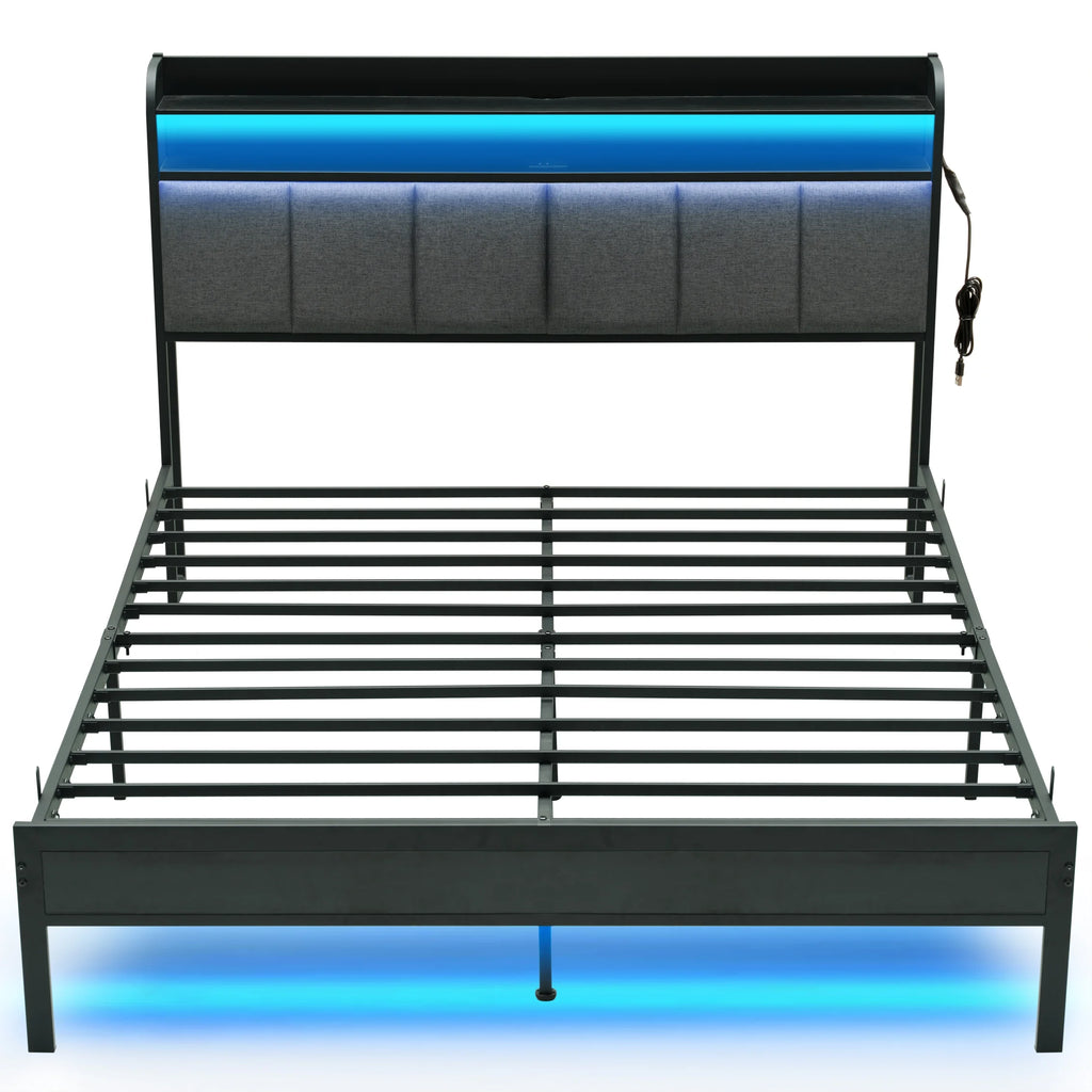 King Size Metal and Wood Platform Bed with LED Headboard A54910