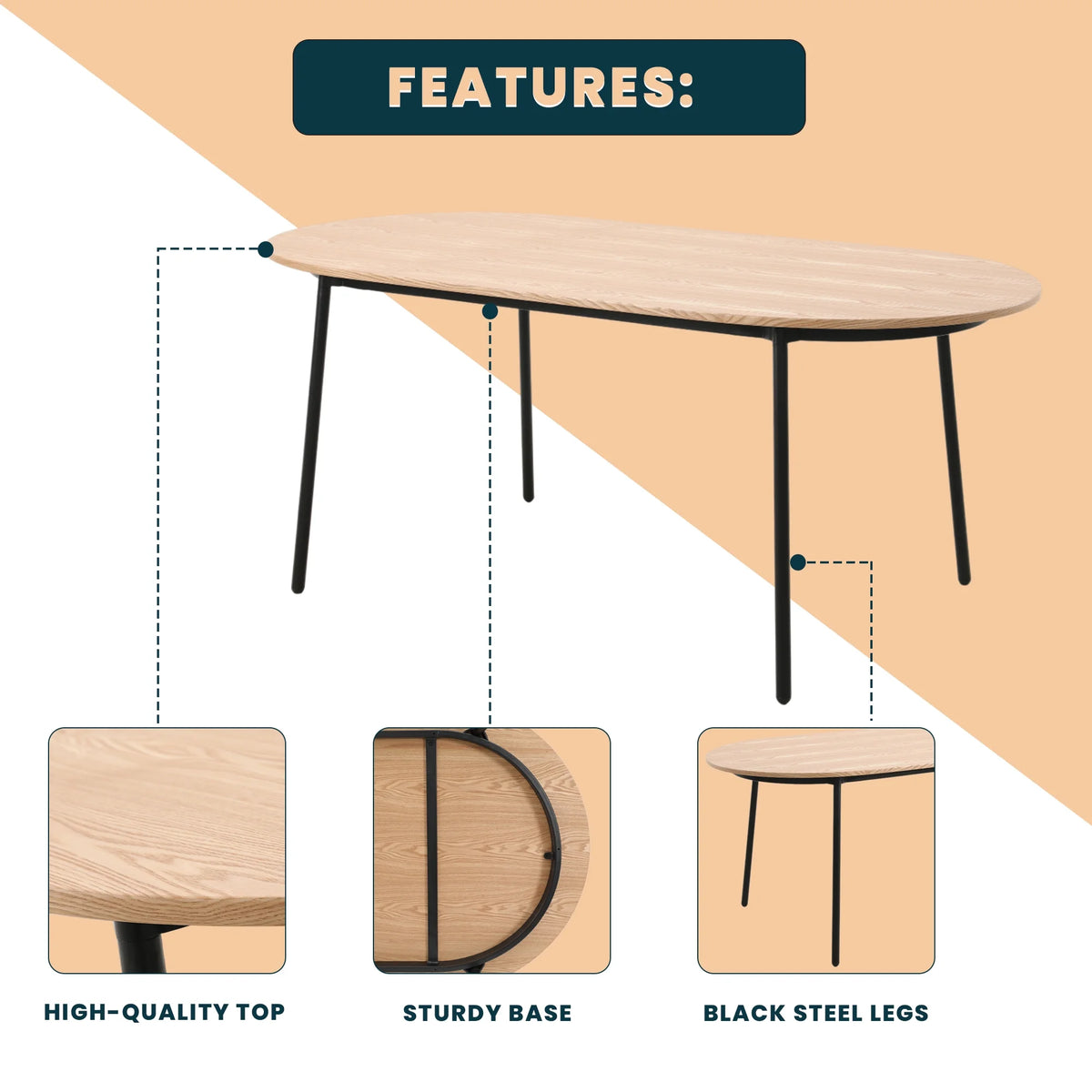 71" Oval Dining Table with MDF Top and Black Steel Legs N5941