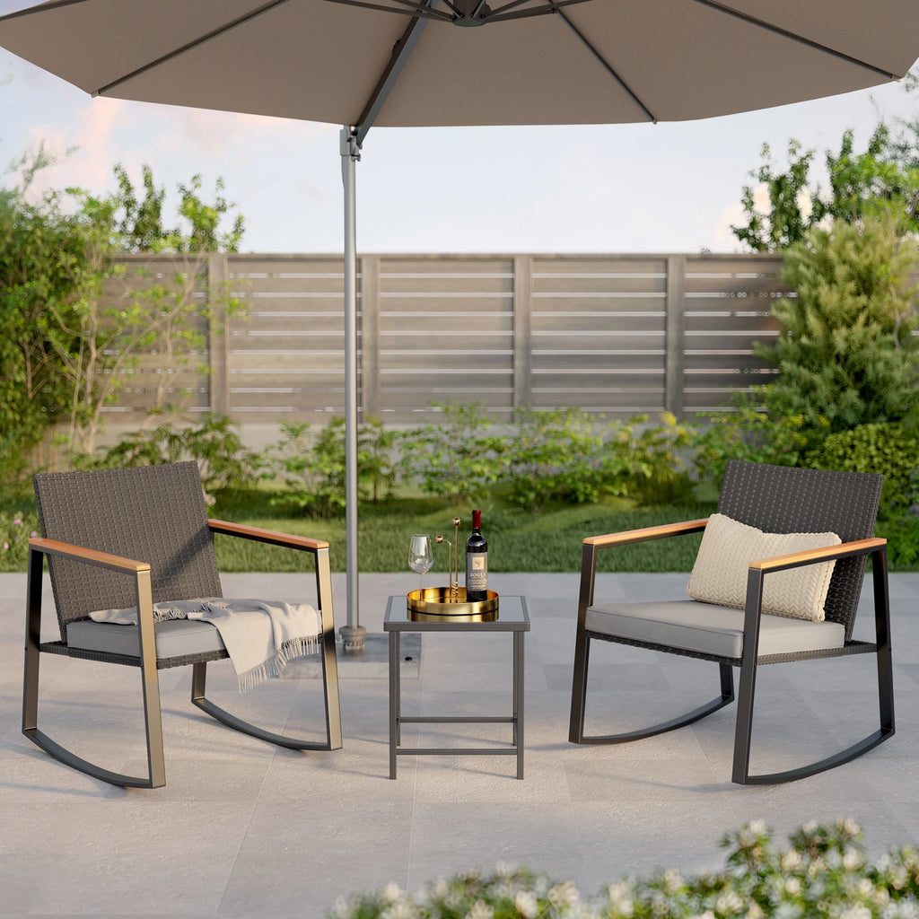 3 Pieces Beige Rattan Wicker Patio Rocking Chair Set with Coffee Table A8480