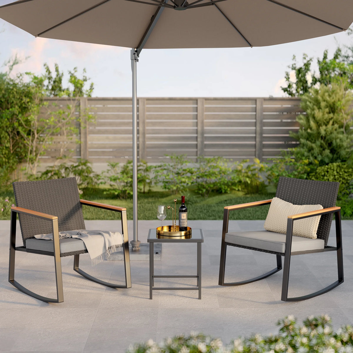 3 Pieces Beige Rattan Wicker Patio Rocking Chair Set with Coffee Table A8480