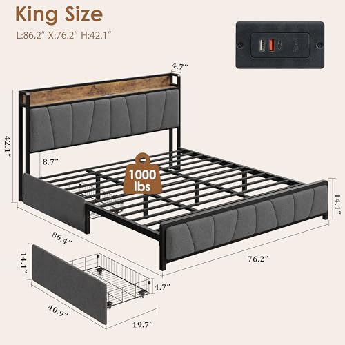 Full Size Linen Upholstered Platform Bed Frame with Storage Headboard and 2 Drawers K257