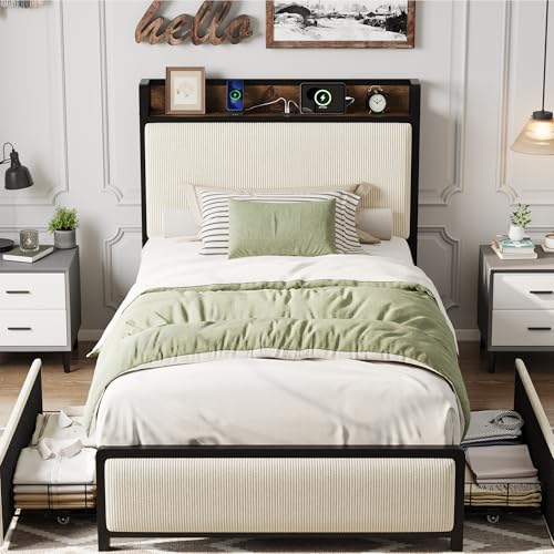 Full Size Linen Upholstered Platform Bed Frame with Storage Headboard and 2 Drawers K257