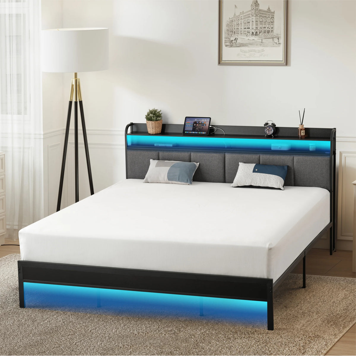 King Size Metal and Wood Platform Bed with LED Headboard A54910