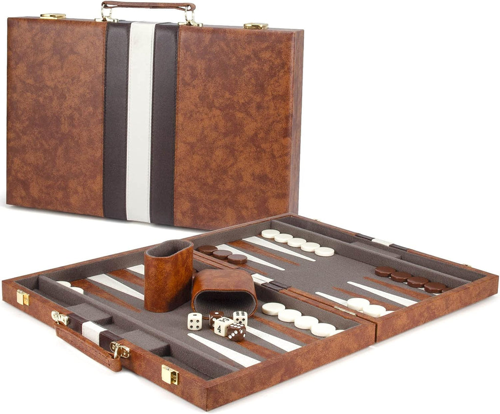 15 Inches Classic Backgammon Set with Leather Case O256671