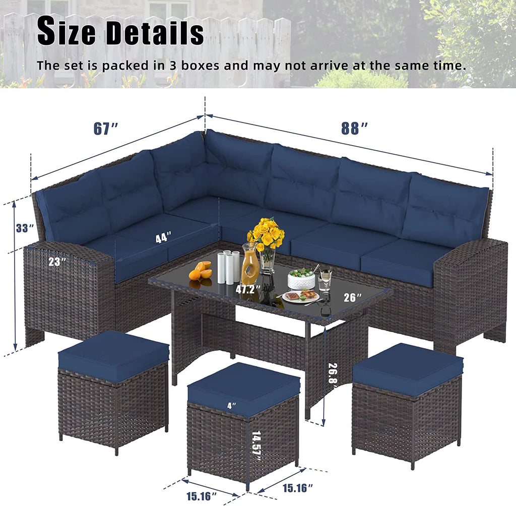 Brown Rattan 7 Pieces Outdoor Dining Set with Red Cushions X7605
