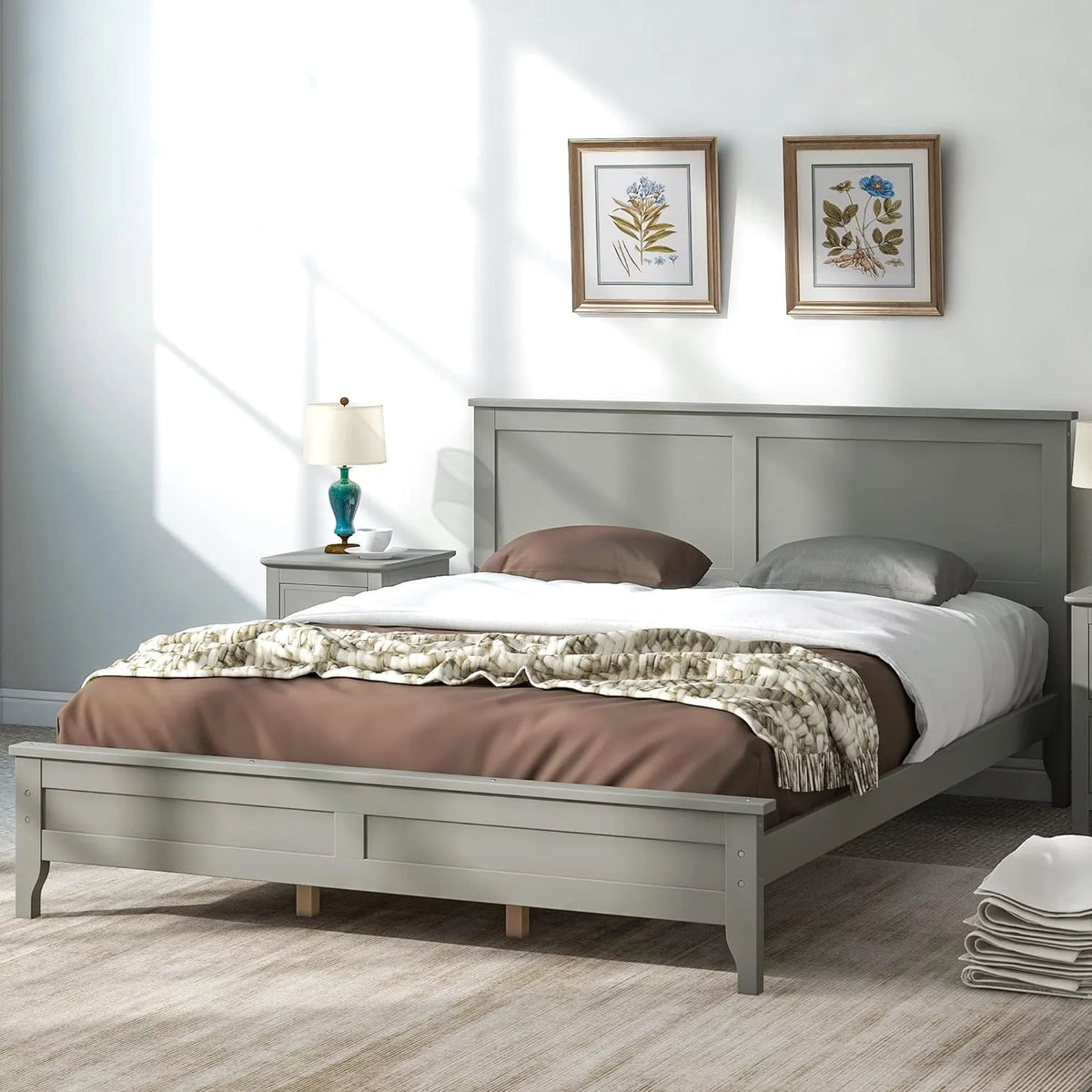 Pine Queen Size Platform Bed Frame with Headboard Z640536