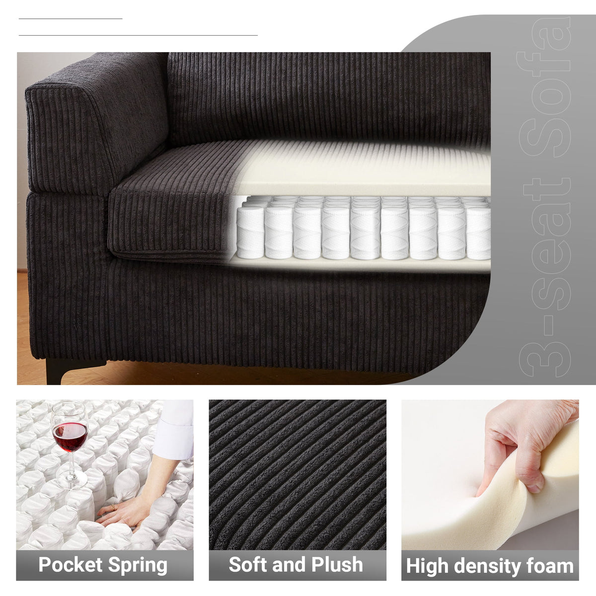 96" 3-Seat Sectional Sofa with Chaise Black W344