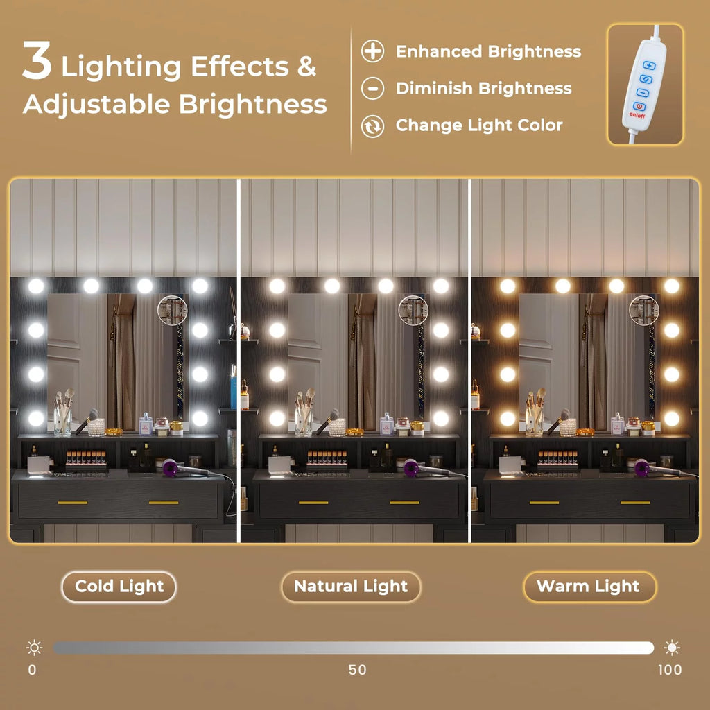 Black Vanity Desk with Mirror and Lights, Glass Top, Charging Station, 8 Drawers P6924