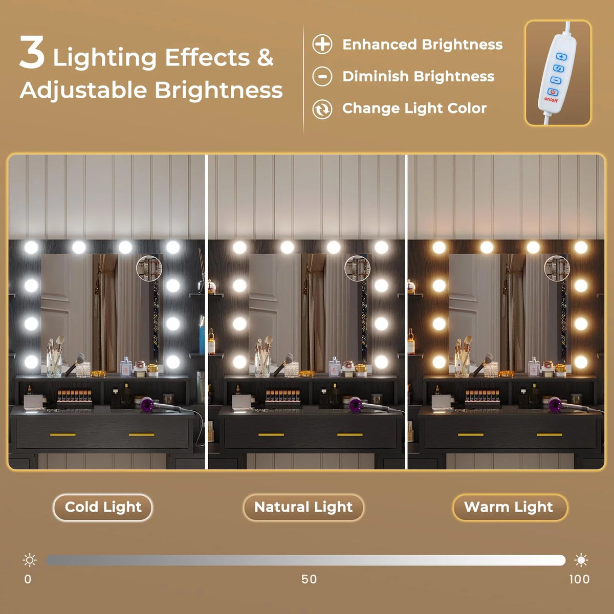 Black Vanity Desk with Mirror and Lights, Glass Top, Charging Station, 8 Drawers P6924