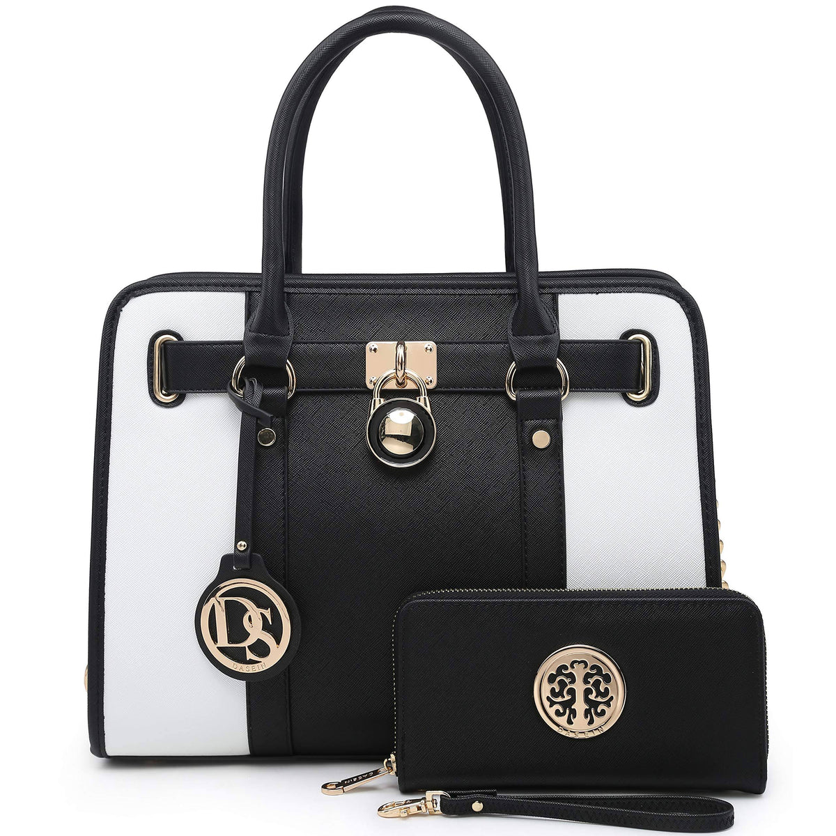 Black White Two-Tone Satchel Handbag with Matching Wallet A738