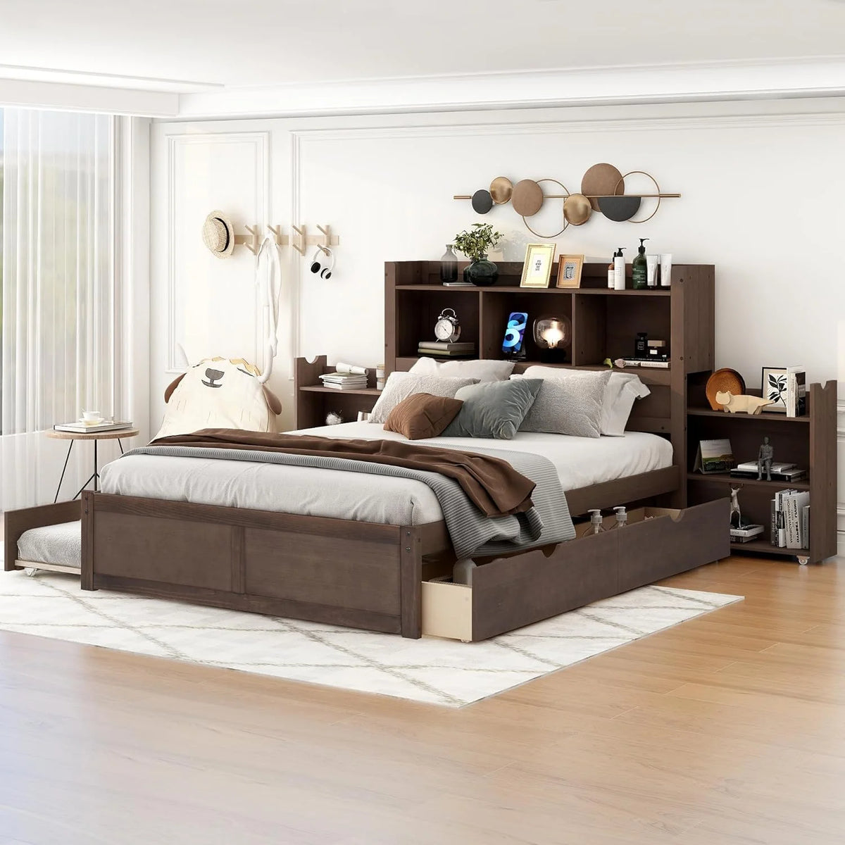 Full Size Wood Storage Bed with Bookcase Headboard and Trundle A756