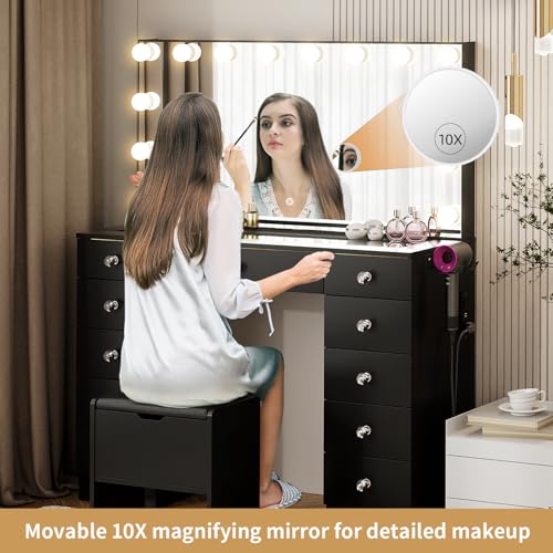 White Glass Top Makeup Vanity Desk with Lighted Mirror and 11 Drawers I921948
