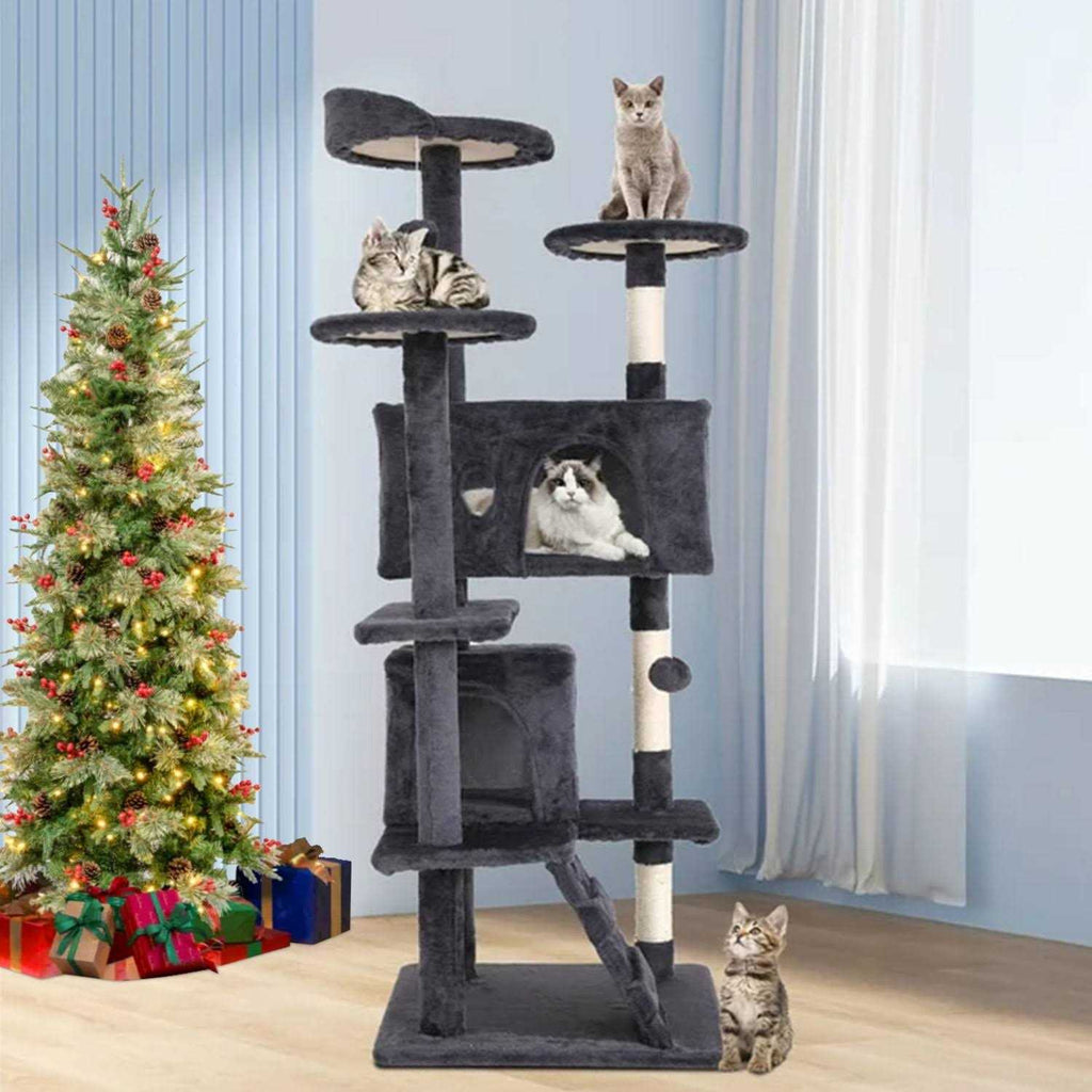 54-in Double Condo Cat Tree Tower Playhouse with Scratching Post & Perch T14053