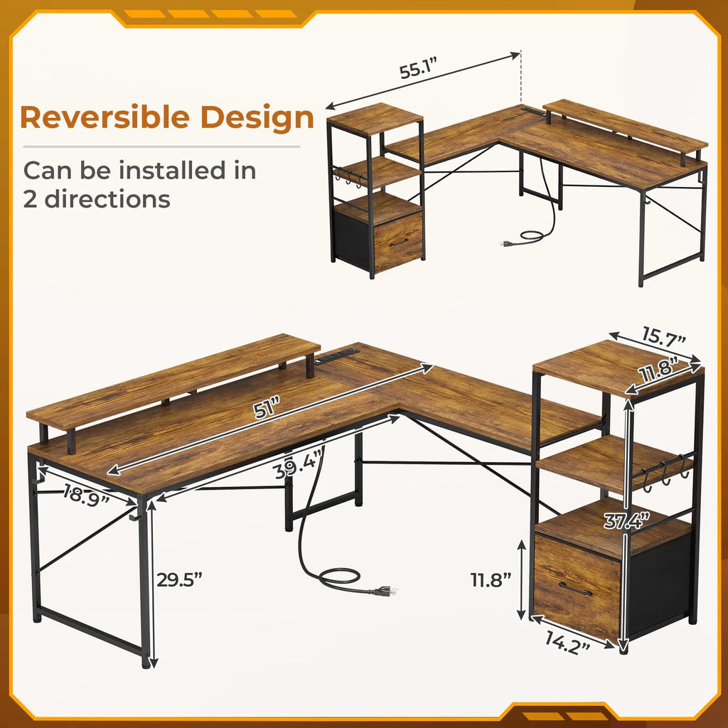 L Shaped Desk with Fabric File Drawer and Power Outlets D505