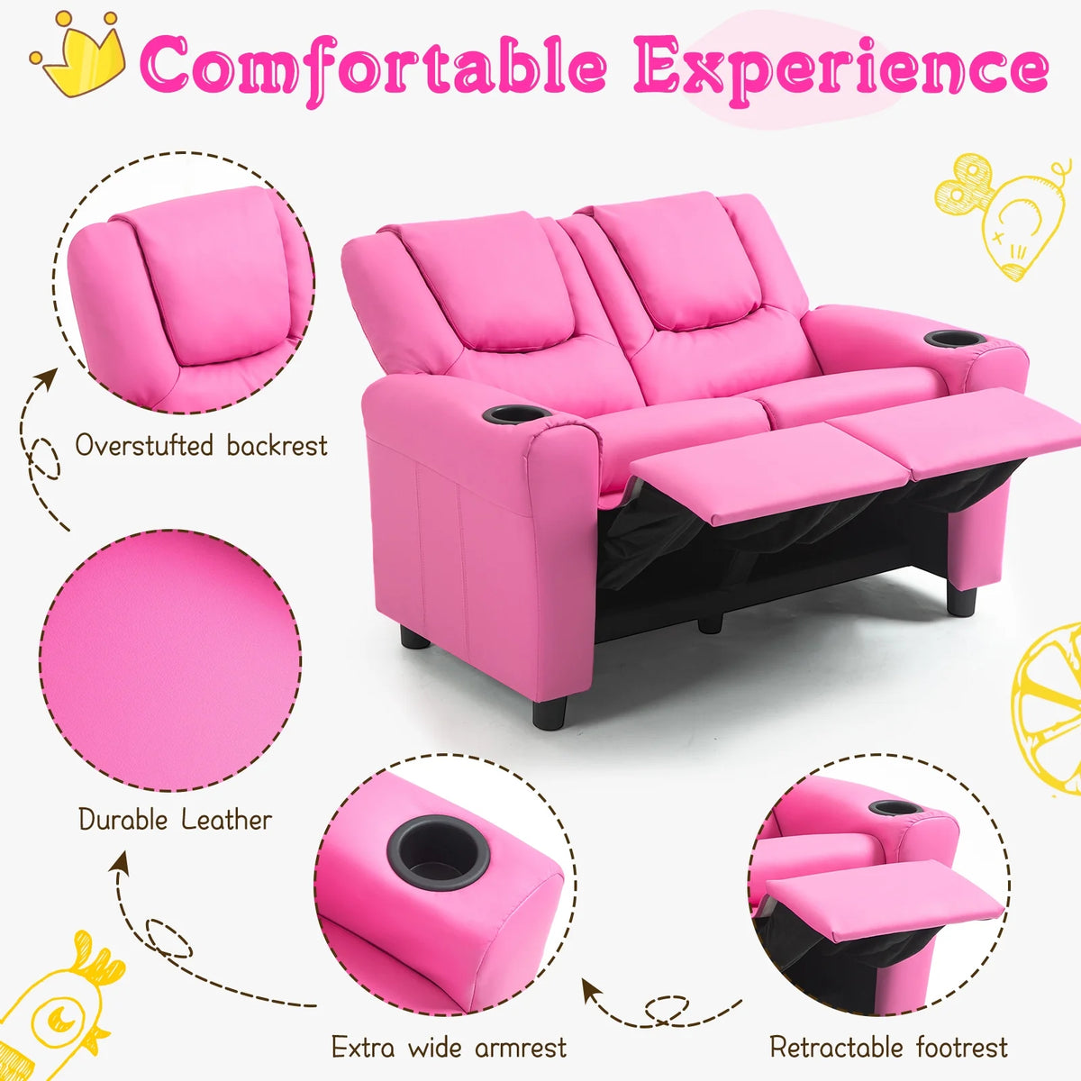 Pink PU Leather Kids Recliner Chair W4755