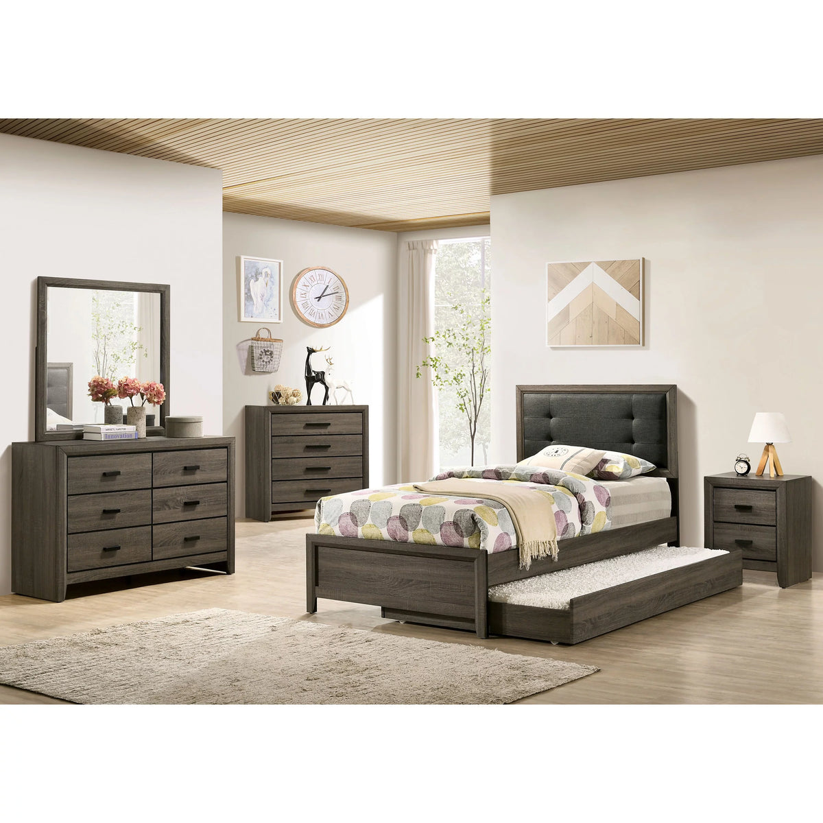 Grey Solid Wood 2-Drawer Nightstand N902