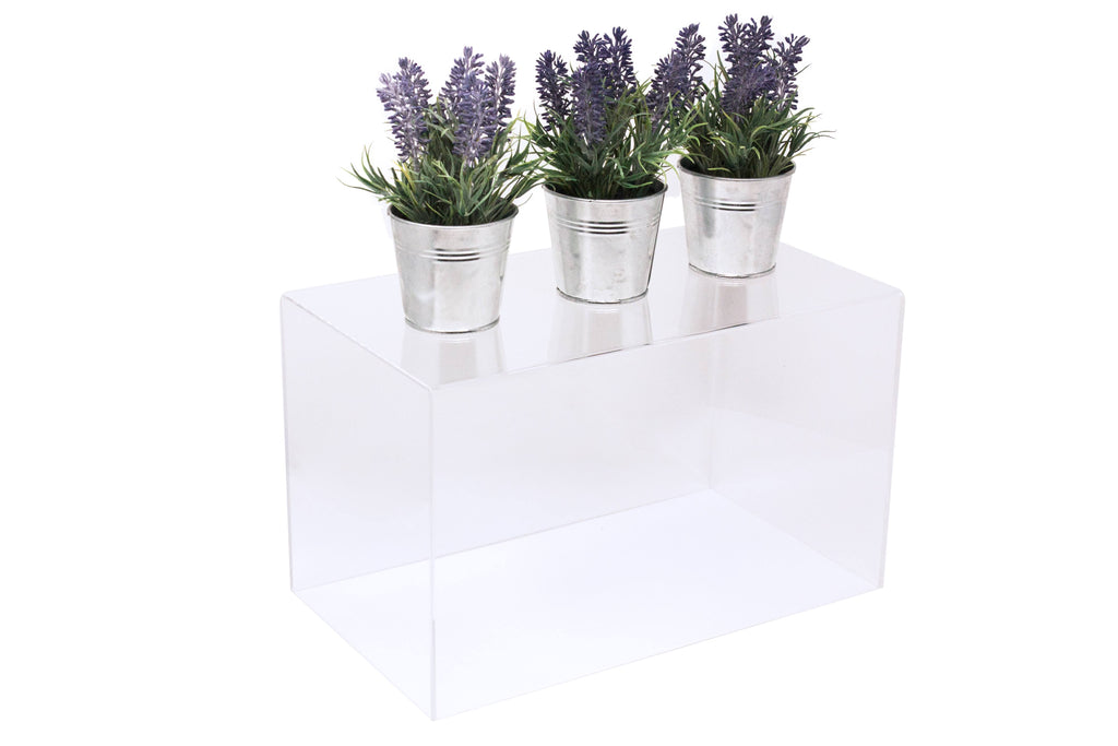 Clear Acrylic Display Case Medium Rectangle Box with Gold Risers 14 inch x 8 inch x 8.5 inch Q21212
