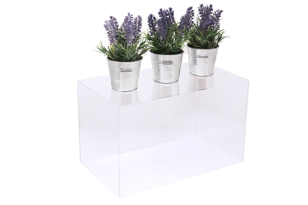 Clear Acrylic Display Case Medium Rectangle Box with Gold Risers 14 inch x 8 inch x 8.5 inch Q21212