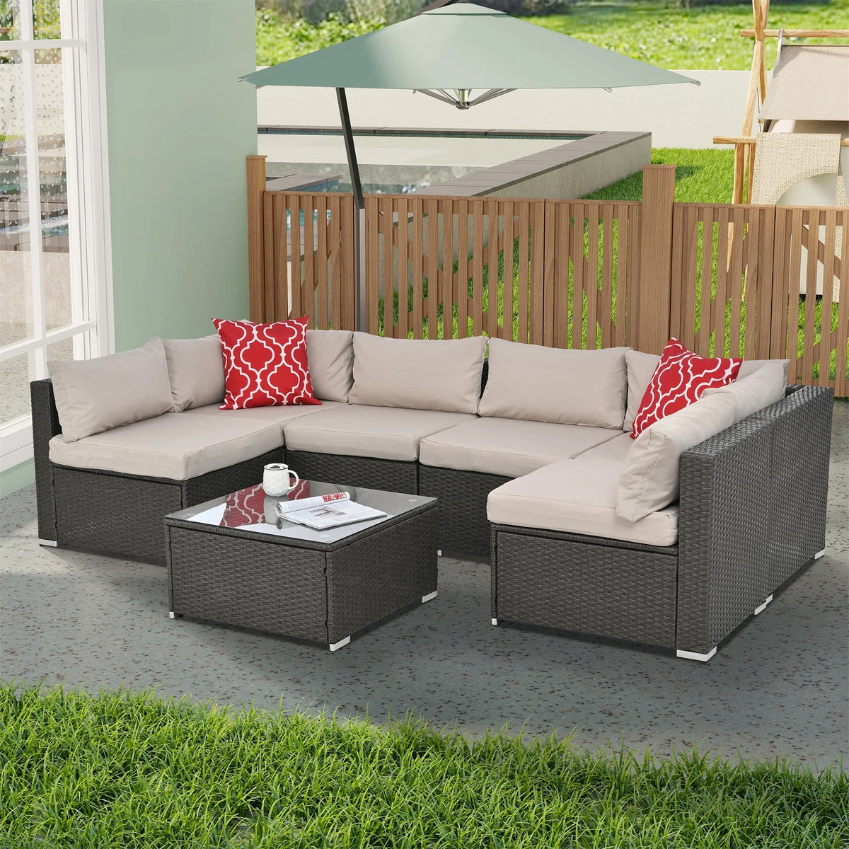7 Piece PE Rattan Patio Furniture Set with Cushions and Glass Coffee Table X8168