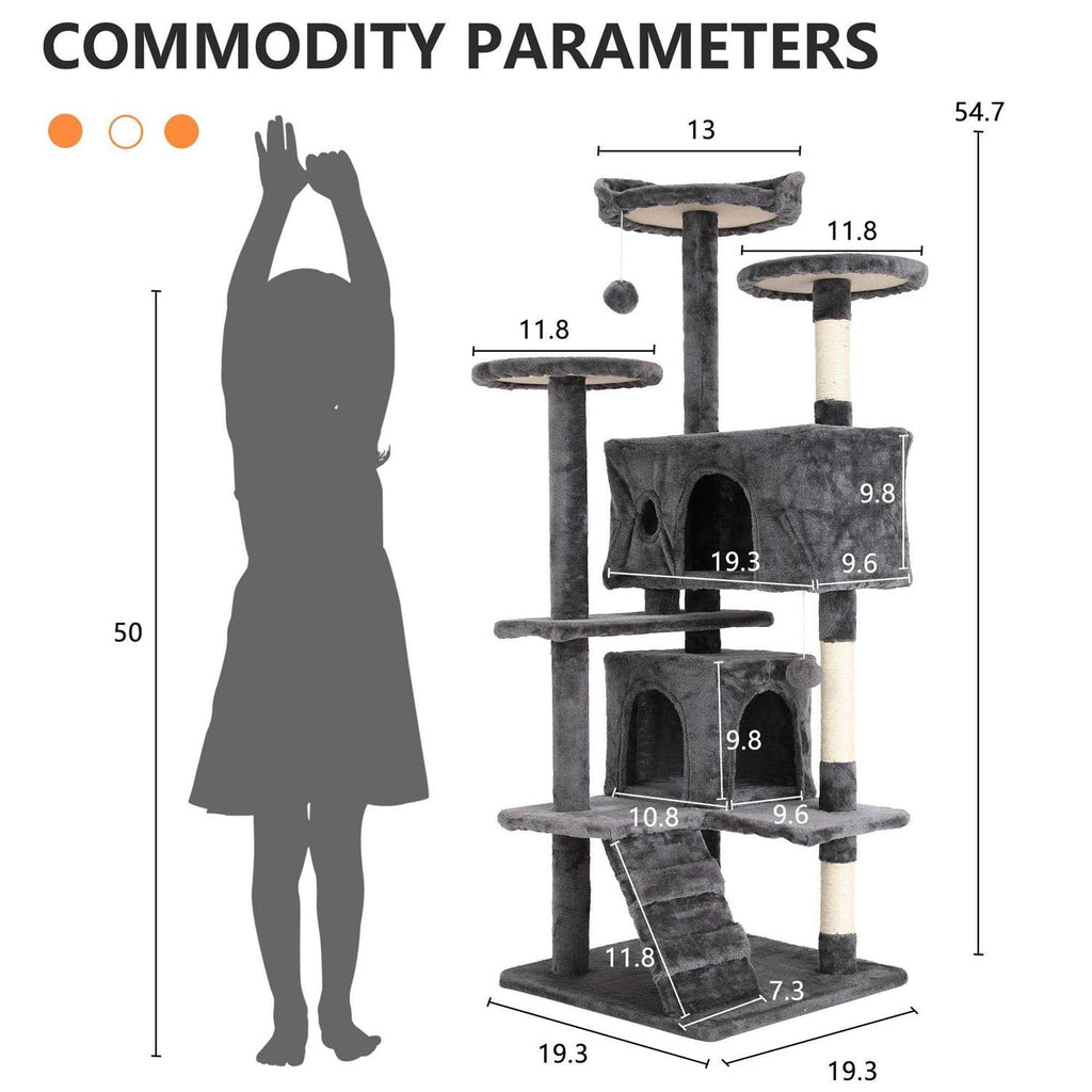 54-in Double Condo Cat Tree Tower Playhouse with Scratching Post & Perch T14053