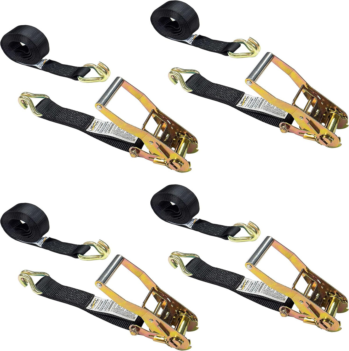 Black 2 Inch x 18 Foot Ratchet Straps with Double J Hooks, 4 Pack I615