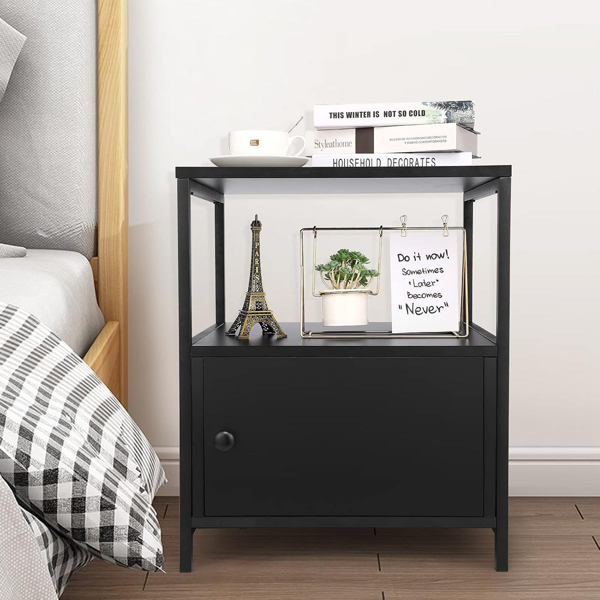Black Wooden Nightstand with Storage Cabinet and Open Shelves Q831
