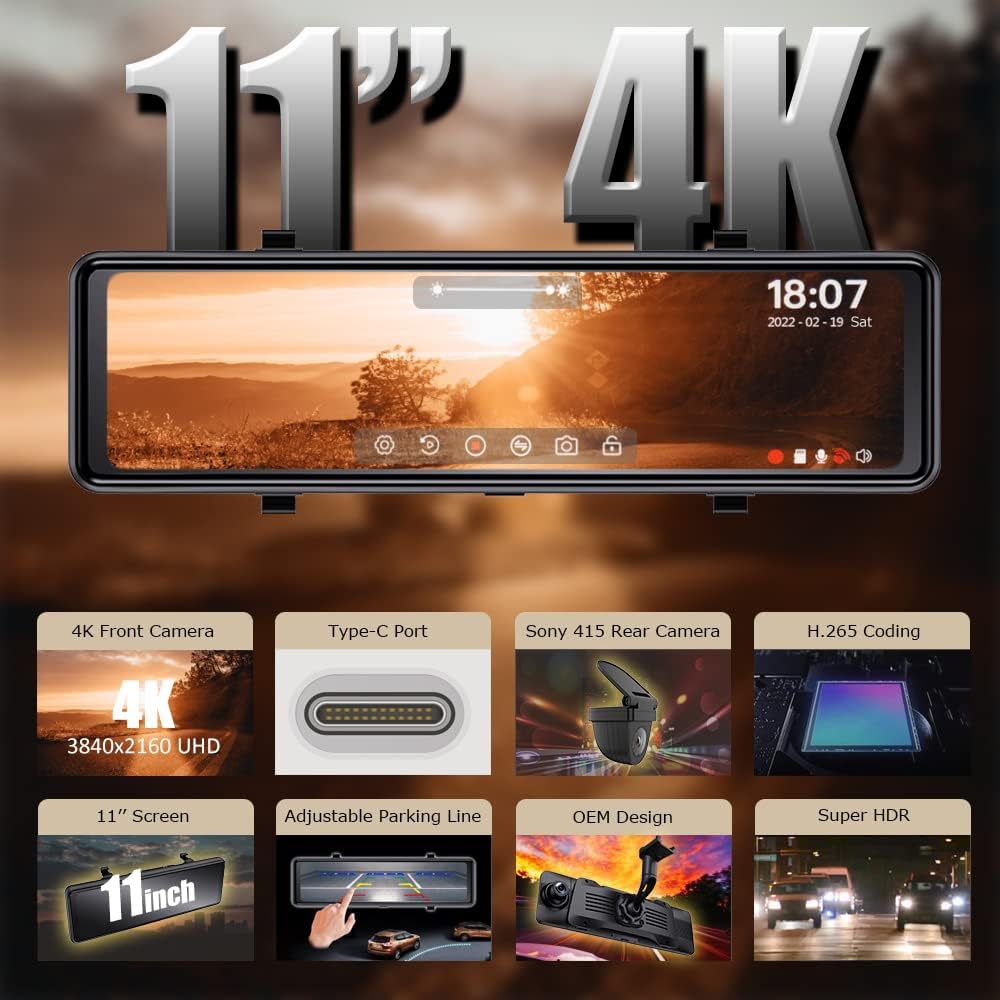 4K 11 Inch Full Touch Screen Mirror Dash Cam with Front and Rear Cameras B47773