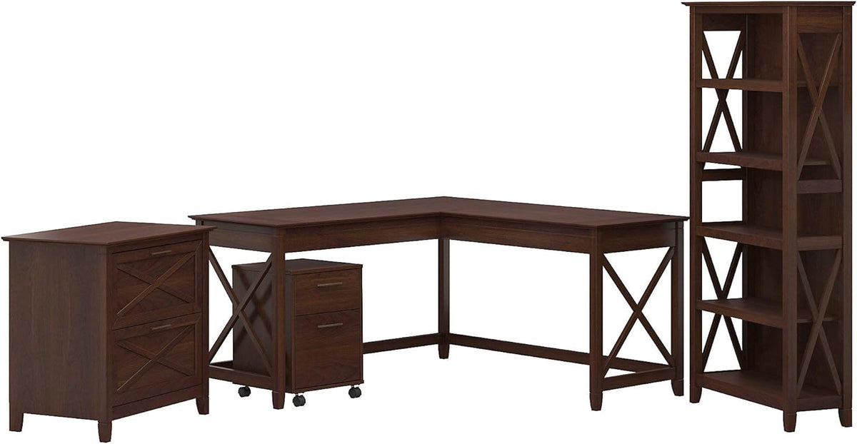 L Shaped Desk with File Cabinets and 5 Shelf Bookcase U260
