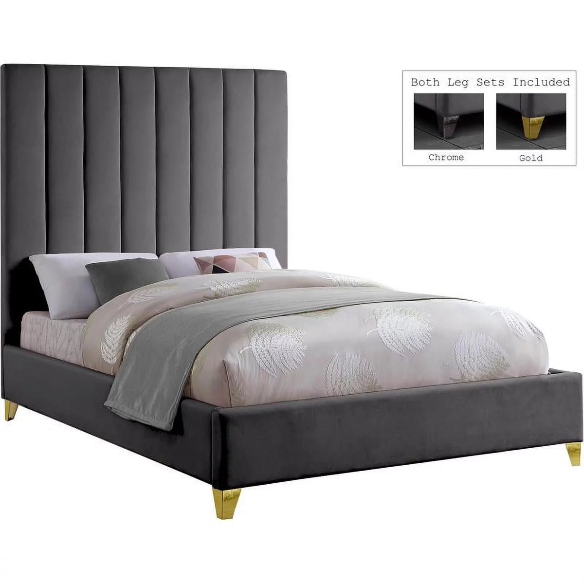Contemporary Wood Leaning Platform Bed Full Gray Gold U6687