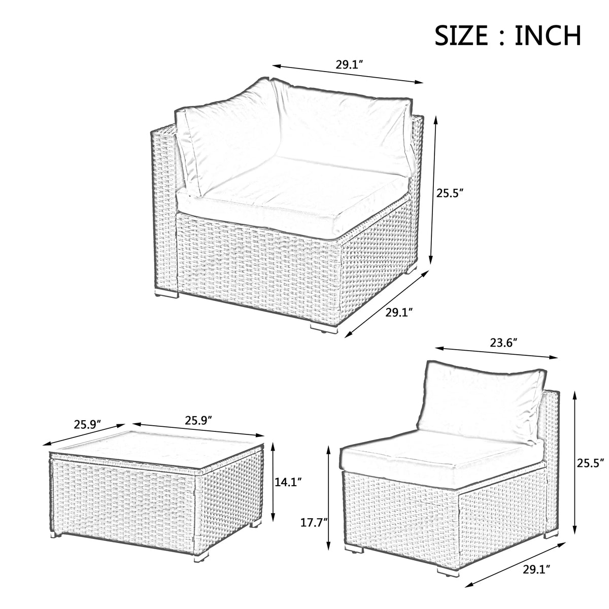 7 Piece PE Rattan Patio Furniture Set with Cushions and Glass Coffee Table X8168