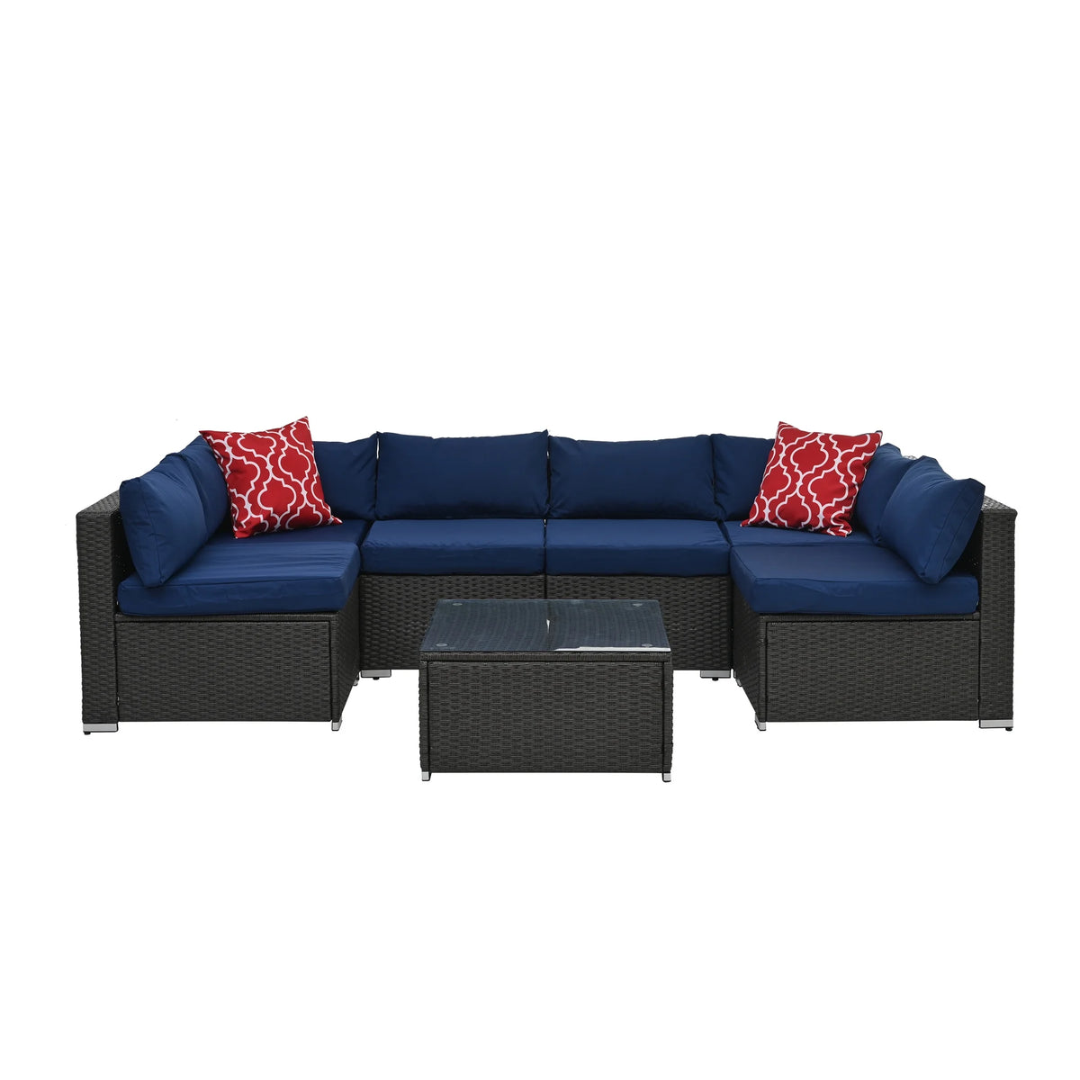 7 Piece PE Rattan Patio Furniture Set with Cushions and Glass Coffee Table X8168
