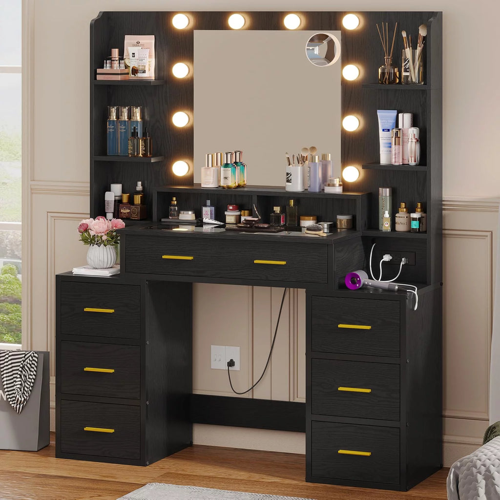 Black Vanity Desk with Mirror and Lights, Glass Top, Charging Station, 8 Drawers P6924