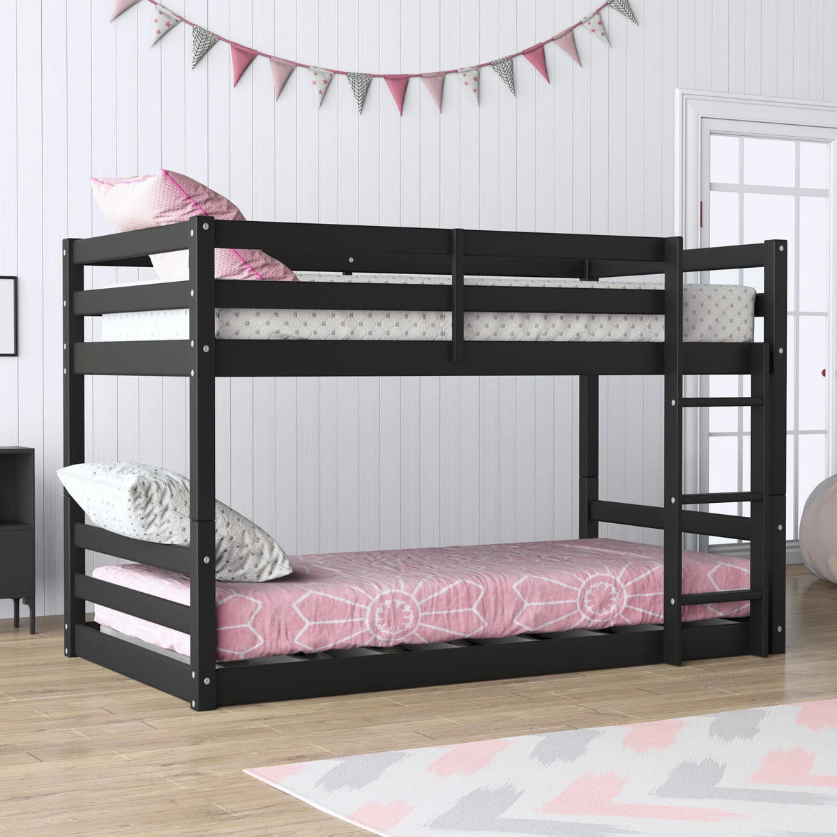 Black Wood Twin Over Twin Convertible Bunk Bed Q852