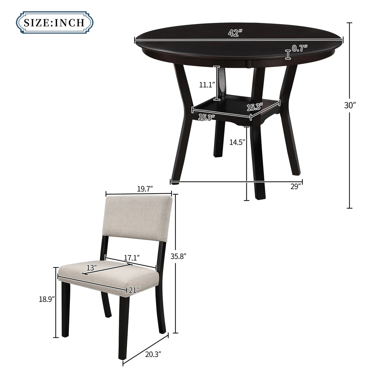 42" 5-Piece Round Dining Table Set with 4 Upholstered Chairs R665
