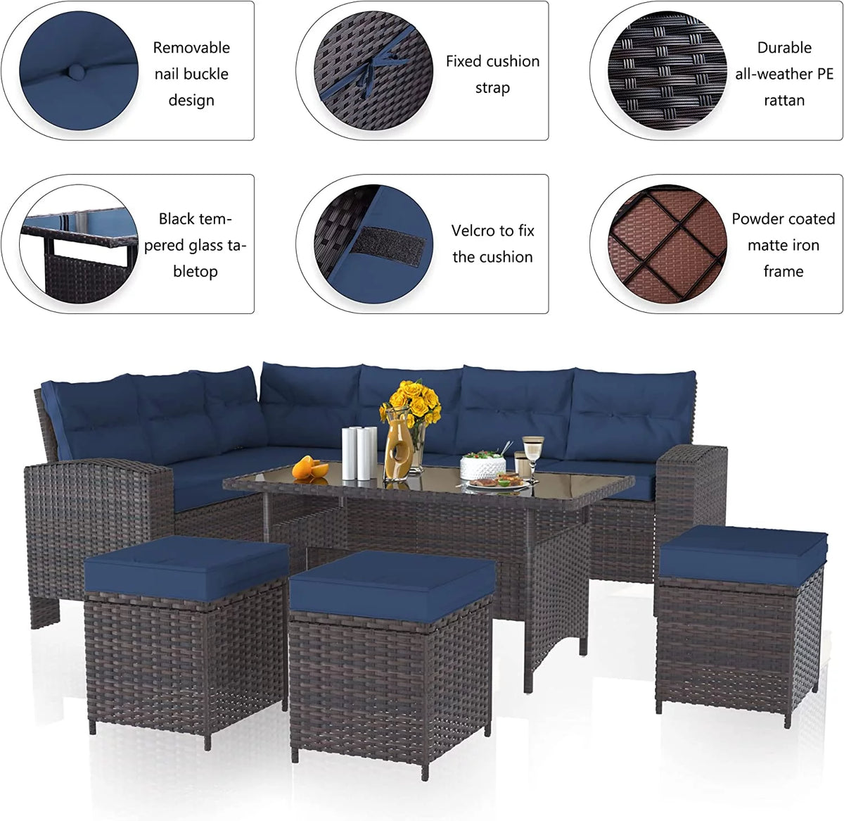 Brown Rattan 7 Pieces Outdoor Dining Set with Red Cushions X7605