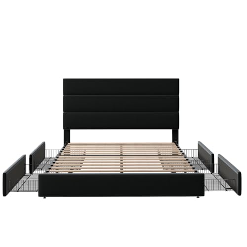 White Full Size Platform Bed Frame with 4 Storage Drawers and Velvet Upholstered Headboard D654943