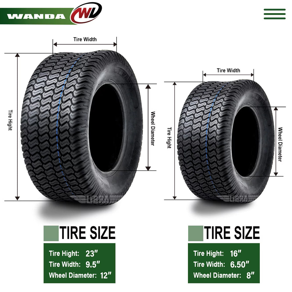 Set of 4 Lawn Mower Turf Tires 16x6.5-8 Front & 23x9.5-12 Rear W94592