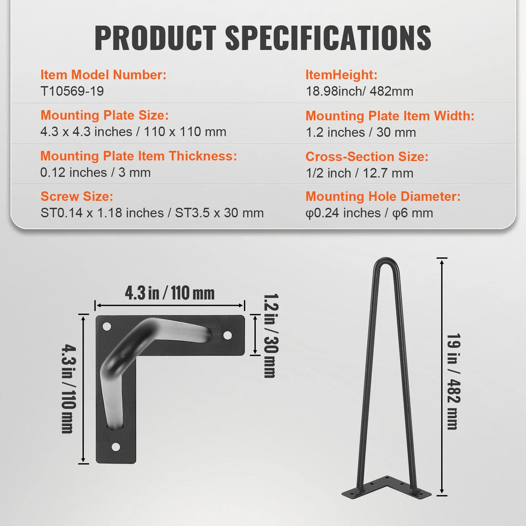 19" Solid Metal Heavy Duty Furniture Legs A45106