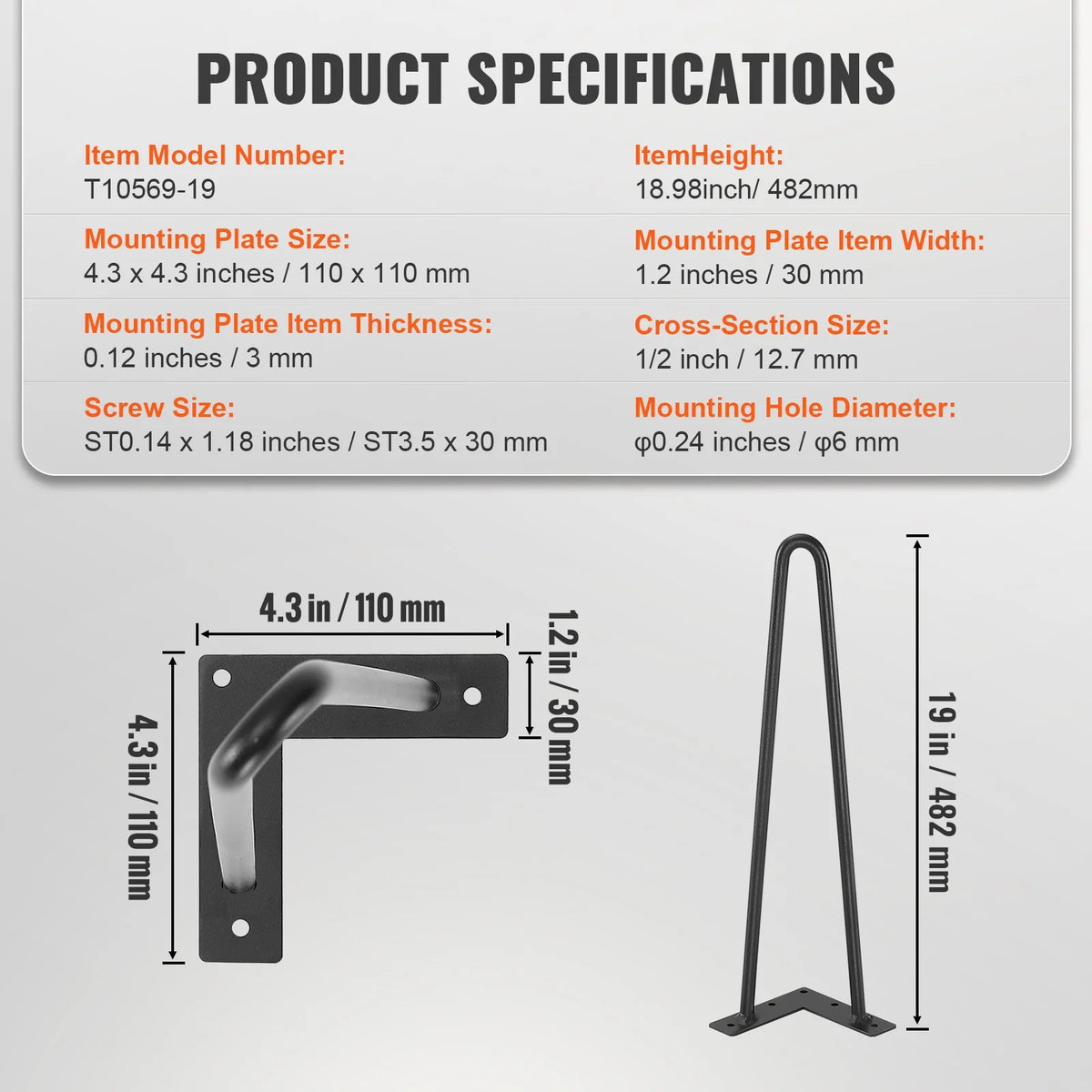19" Solid Metal Heavy Duty Furniture Legs A45106