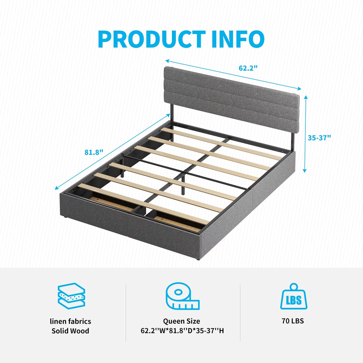 Queen Dark Grey Upholstered Platform Bed Frame with 2 Storage Drawers A122